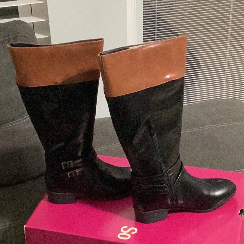 SO Black and Brown Heeled Boots with Two-Tone Design